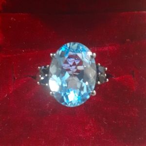 OVAL BLUE TOPAZ / SAPPHIRE 925 STERLING RING 7.5